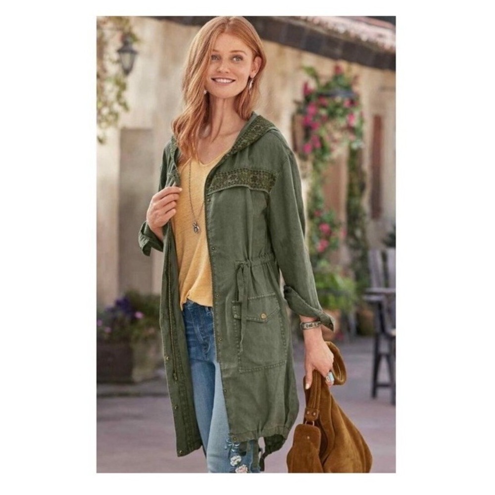 Sundance Linen Eyelet Grace Hooded Jacket Zip Size XS Snap‎ Pocket Green